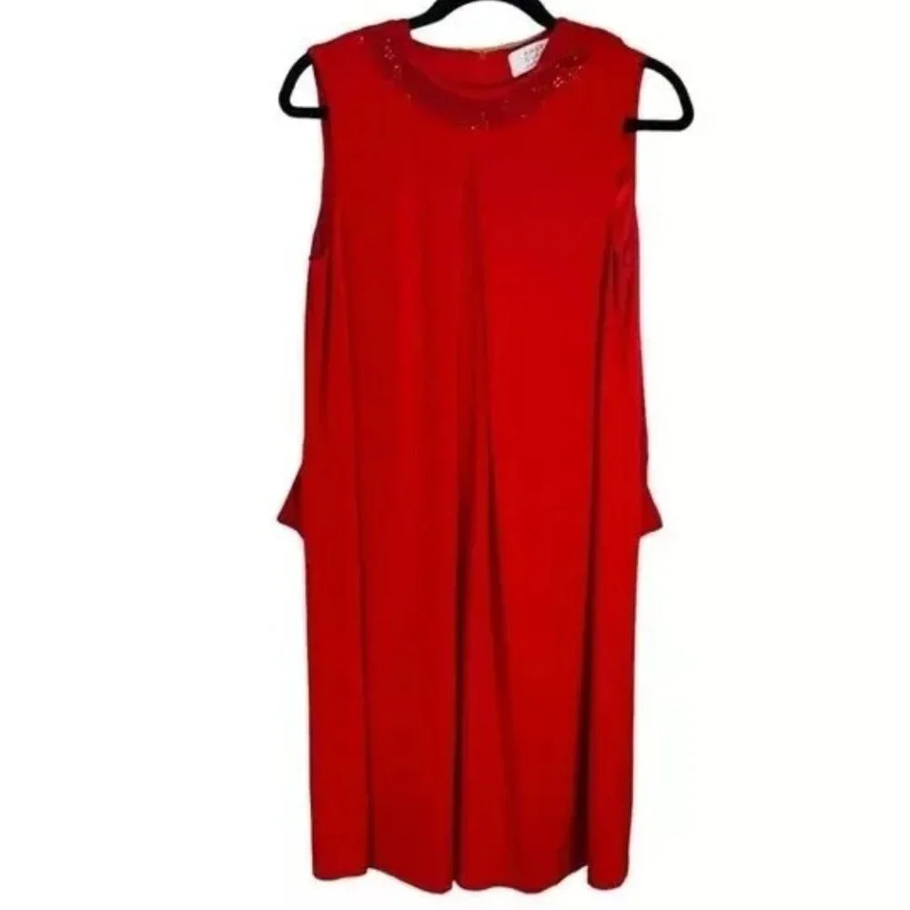 Badgley Mischka Red Dress Jewel Neck w/Matching Chiffon Cape Dress SMALL  &  2X - Picture 4 of 8